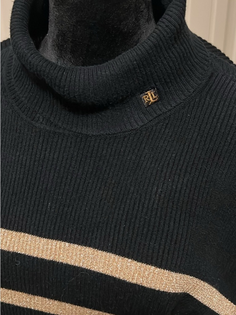 Lauren Ralph Lauren Black Turtleneck Sweater with Gold Stripes